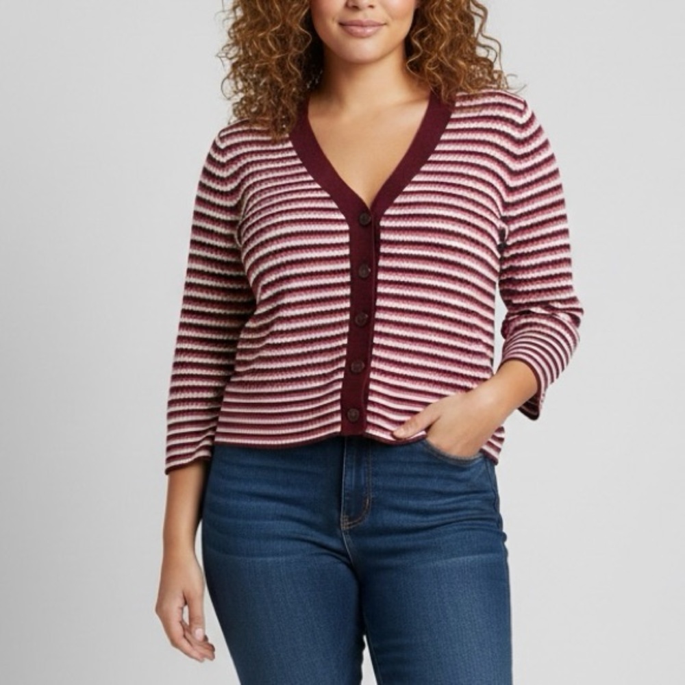 LANE BRYANT Ribbed Pink Striped Half Sleeve Button Front Cardigan Sweater 14/16